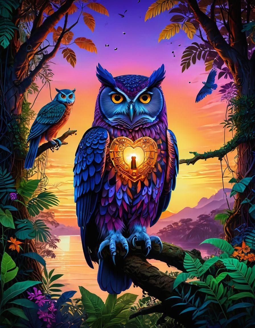 A vibrant jungle scene blending digital elements, featuring a path made of glowing binary code, flowing through lush green foliage. Incorporate animals with technology-inspired designs such as a wise owl with data wings and a playful monkey using a tablet. The sky above shows a sunset with hues of orange and purple, symbolizing freedom. Include subtle icons representing privacy, like padlocks and shields, hidden among the leaves. surreal painting. vibrant colors.