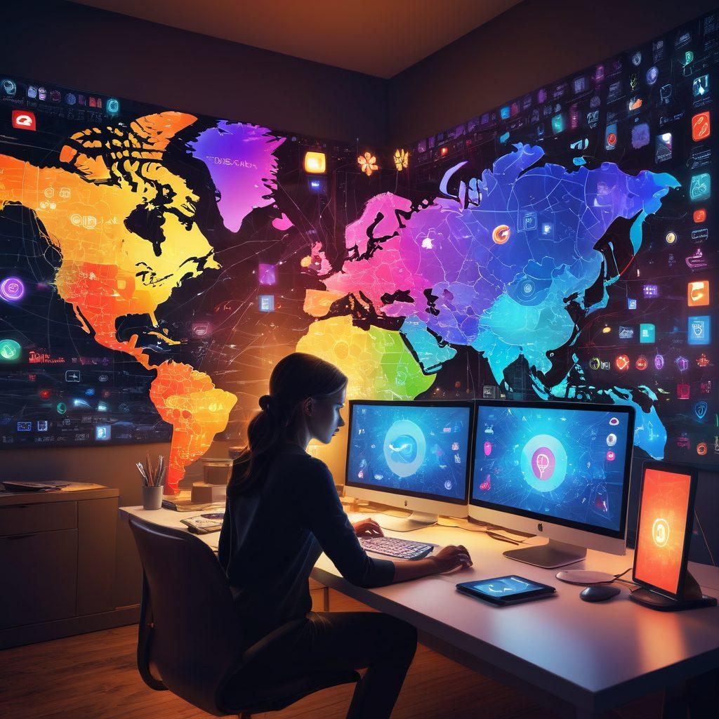 A person sitting at a modern desk, surrounded by glowing screens displaying various internet icons and symbols representing freedom and connectivity. A key in hand, symbolizing unlocking, with vibrant colors illuminating the room. A digital world map in the background, showcasing diverse cultures and communication pathways. Artistic elements of chains breaking apart in the foreground to represent unblocking restrictions. digital art. vibrant colors. 3D.